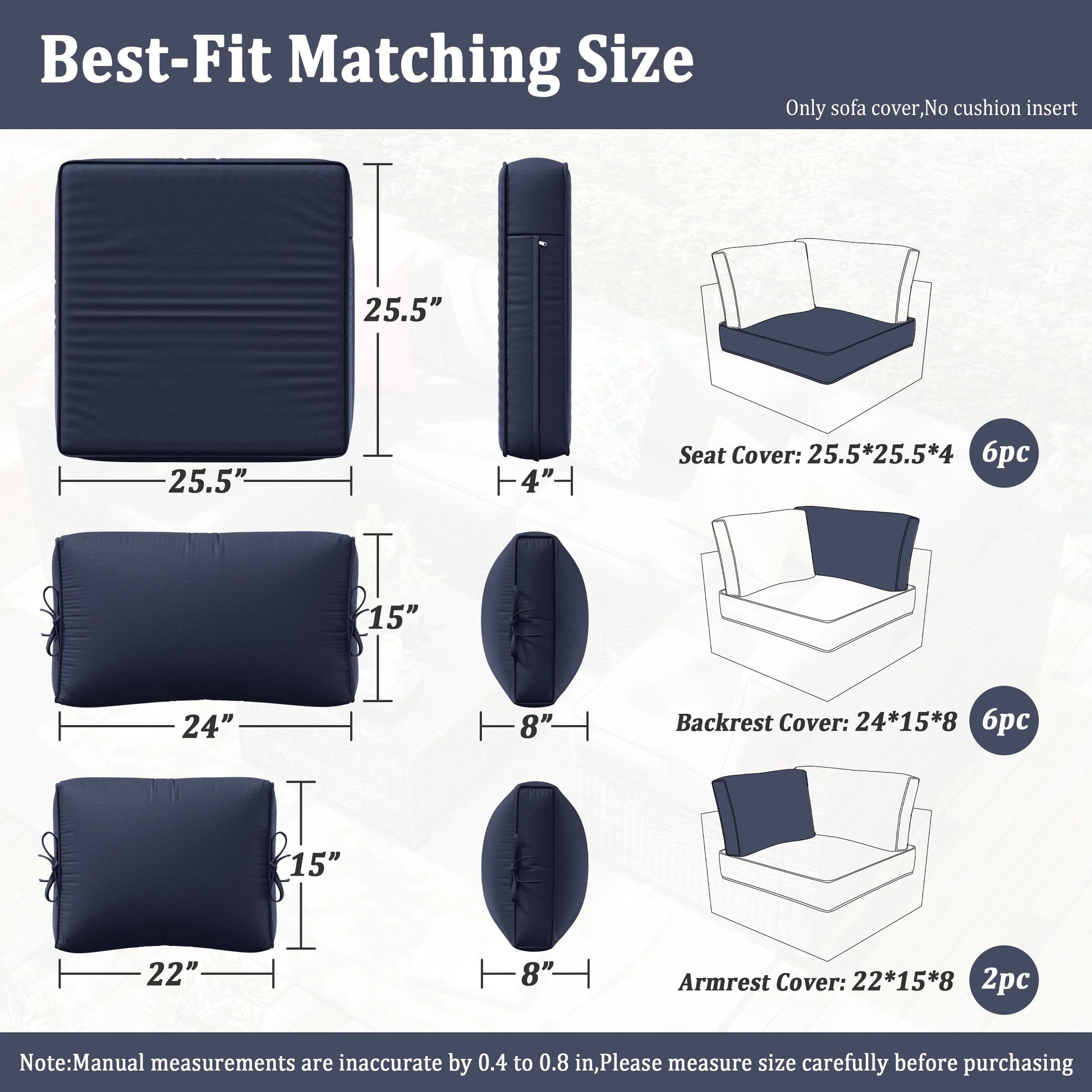 Kimunuk 14 Pcs Outdoor Cushion Slipcovers, Replacement Outdoor Patio Cushion Covers with 3 Size, Waterproof and Zippered, Fit for Outdoor Furniture, Patio Sofa Couch, Covers Only, Navy Blue