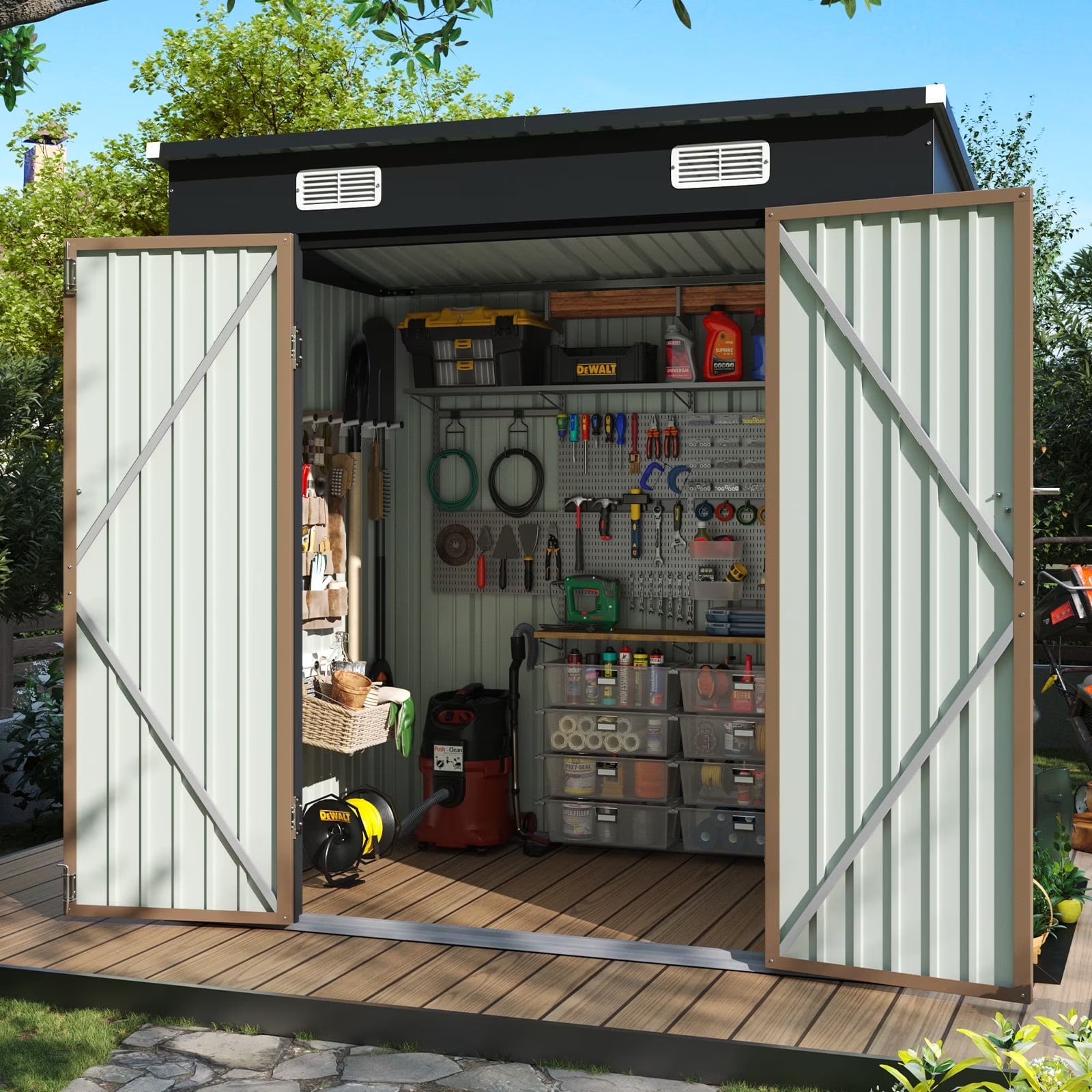 Aoxun 6' x 4' Storage Shed Lean to Storage Shed, Outdoor Metal Wall Side Storage Sheds, Outdoor Storage Cabinet for Patio, Garden, Lawn (Brown)