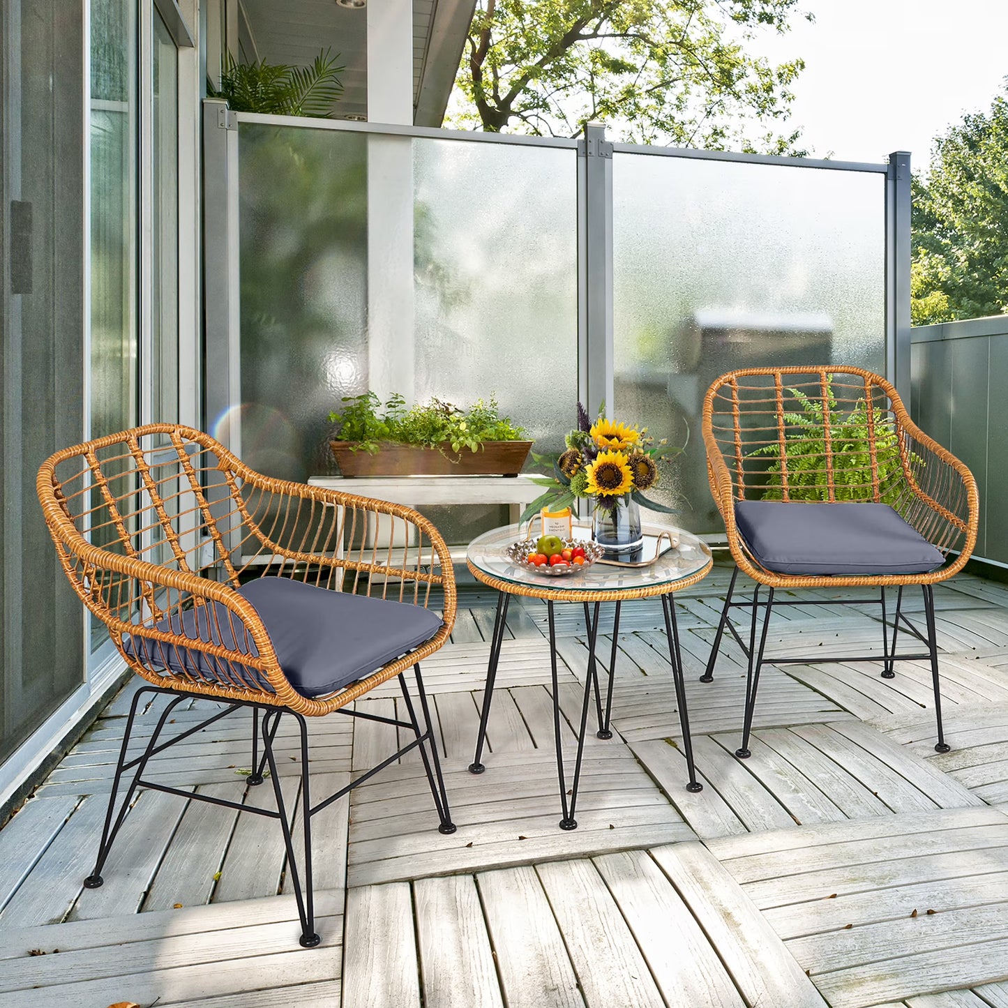 Costway 3PCS Patio Rattan Bistro Furniture Set Cushioned Chair Table Navy