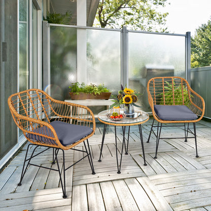 Costway 3PCS Patio Rattan Bistro Furniture Set Cushioned Chair Table Navy