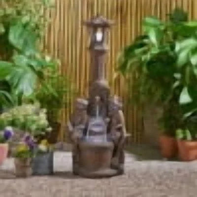 Coowa 37.25 Inch Outdoor Water Fountain with LED Lights, Faux Stone Two Tier Frog and Lamppost Design, Rustic Multi Brown, Weather Resistant for Garden and Patio