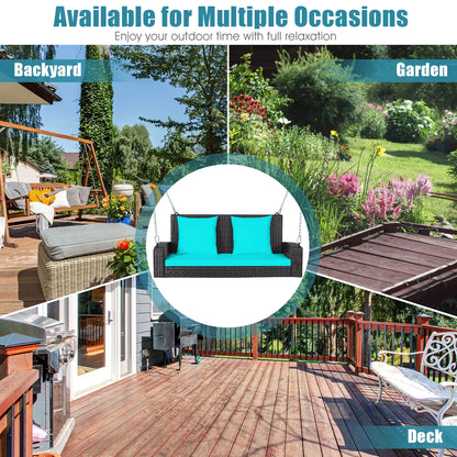 Costway 2-Person Patio Rattan Hanging Porch Swing Bench Chair Cushion Turquoise