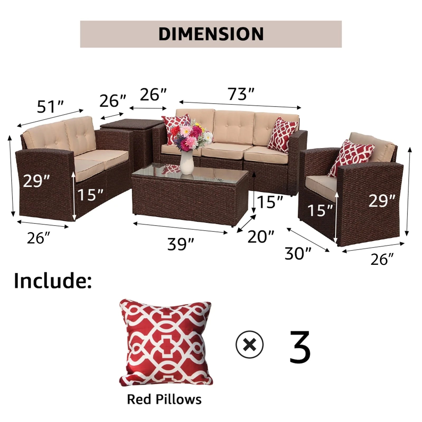 JOIVI 8 Pc Outdoor Patio Sectional Set, Espresso Brown Wicker