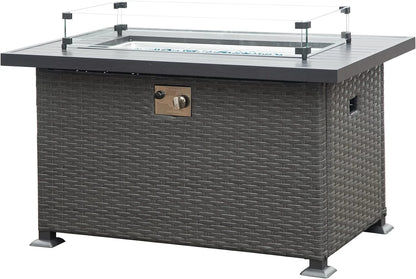 Domi Outdoor Living 43in Gas Fire Pit Table,50,000 BTU Outdoor Wicker Patio Propane Firepit w/Aluminum Tabletop,Glass Wind Guard,Blue Glass Rocks, Hideaway Tank Holder, ETL Certification, Cover Lid