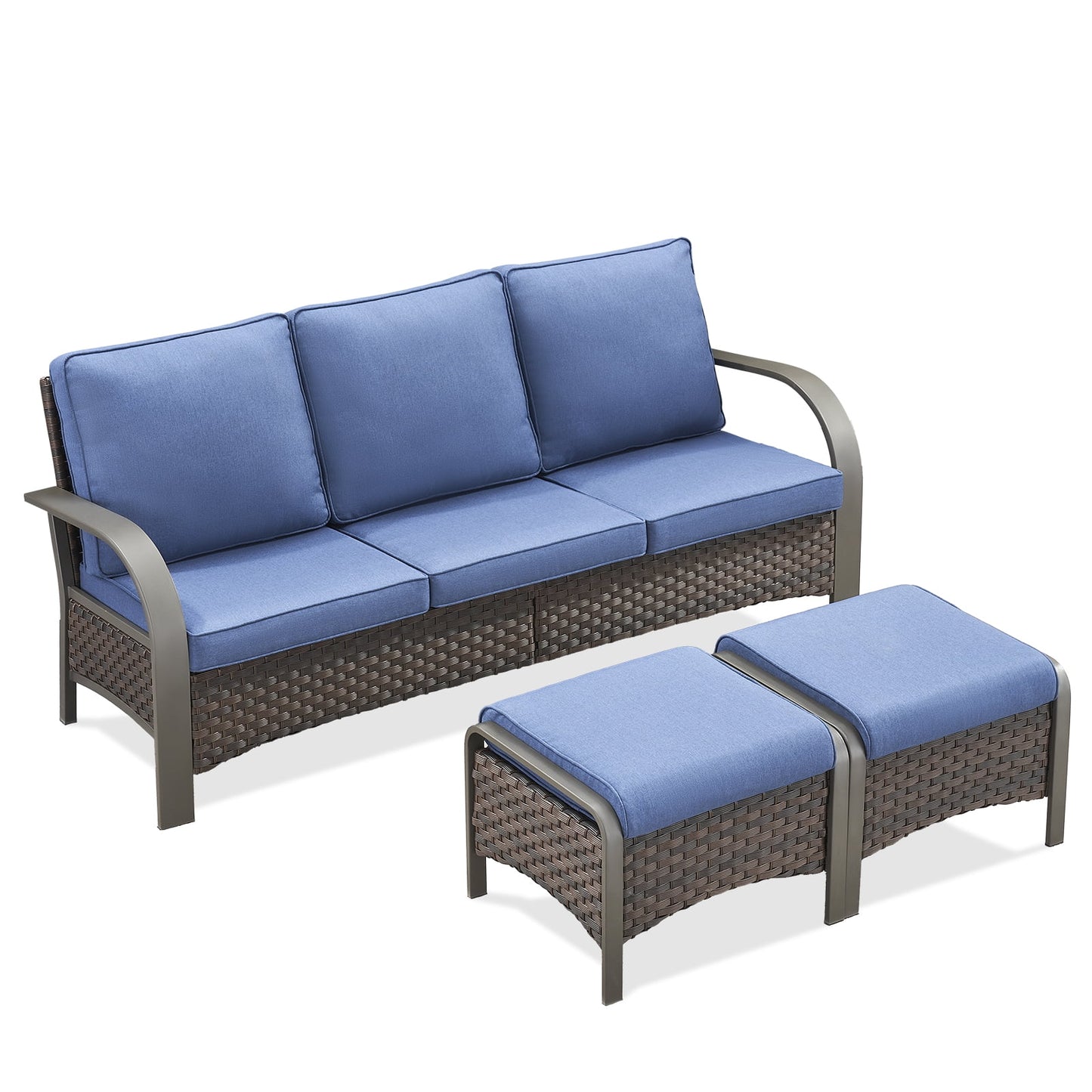 OPOHORO 3-Piece Outdoor Patio Furniture Set, 75-Inch Wicker Sofa with 2 Ottomans, Brown Rattan Couch with Blue Cushions for Deck or Backyard