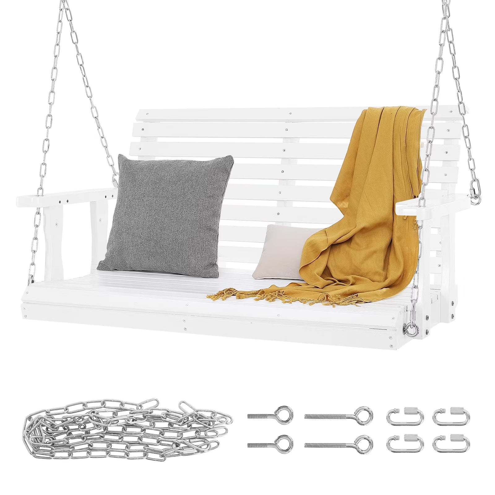 KFFKFF 48 Inch Wooden Bench Porch Swing Outdoor Garden Patio White