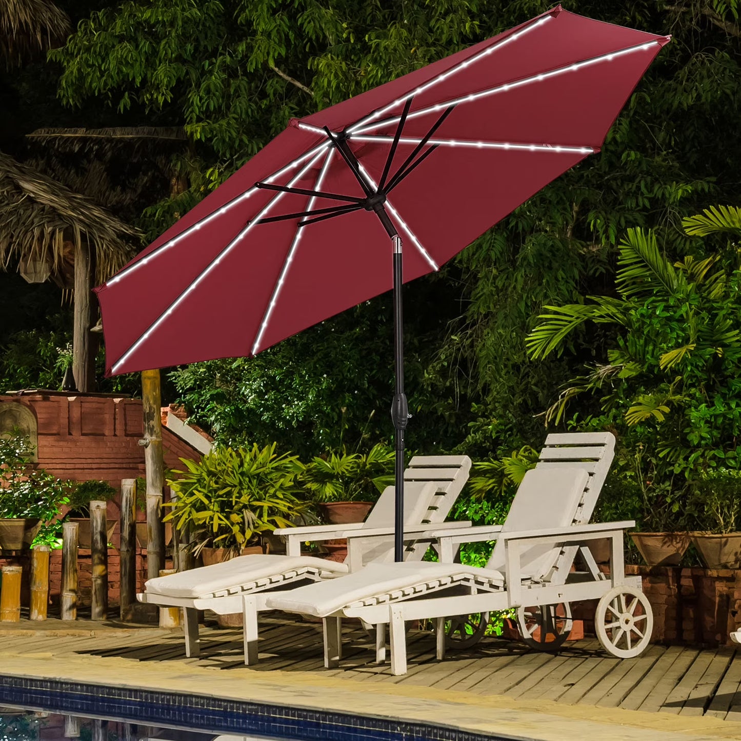 Autlaycil 10 FT Solar LED Lighted Patio Umbrella with LED Table Umbrella with 8 LED Strip Lights, Fade-resistant & Waterproof for Garden, Backyard, Poolside, Push Button Tilt (Blue)