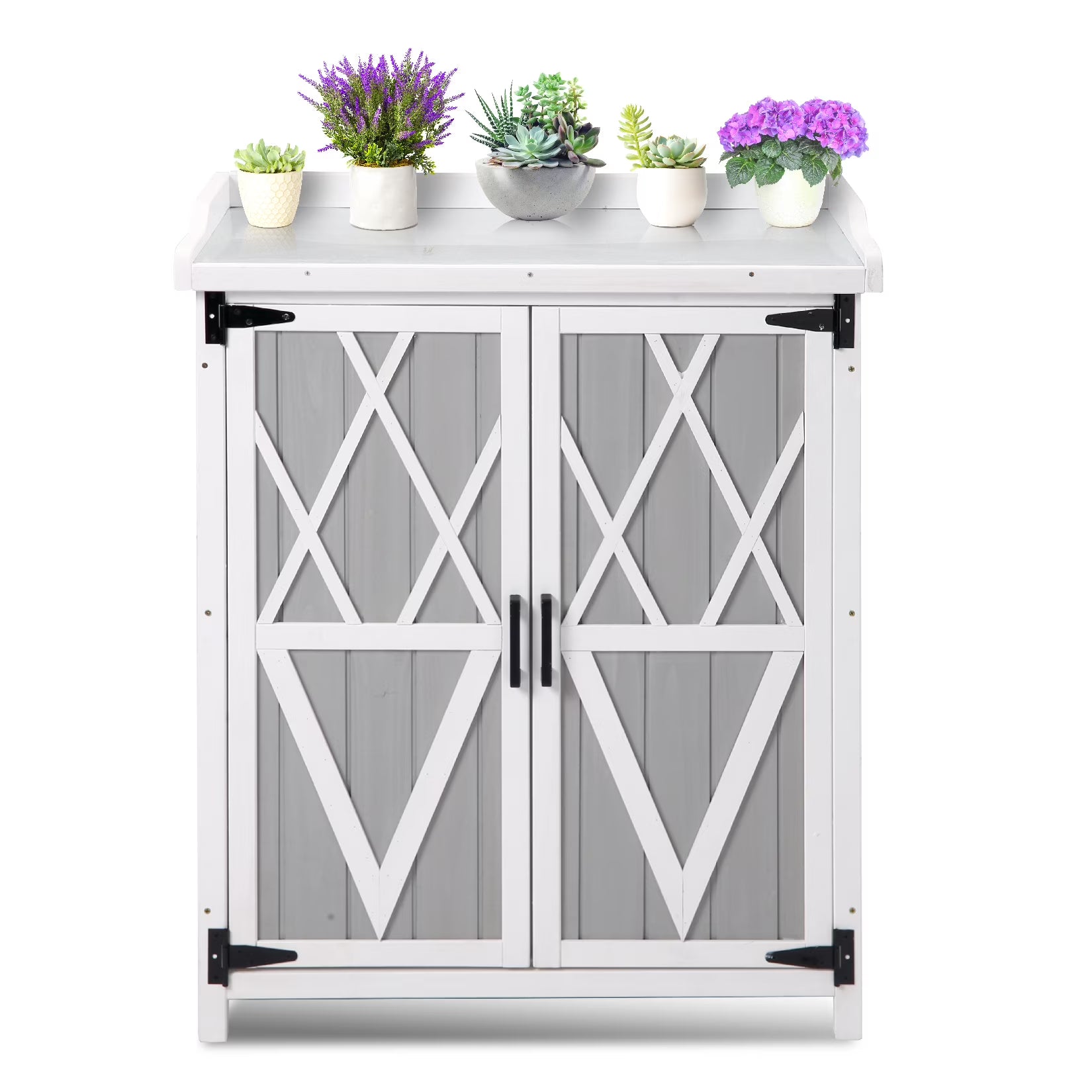 Garden Potting Bench Table,Outdoor Garden Horticultural Wooden Storage Cabinet & Wood Planting Work Bench with Adjustable Shelf & Metal-Plated Tabletop,Double-Door Work Bench for Backyard Patio Lawn