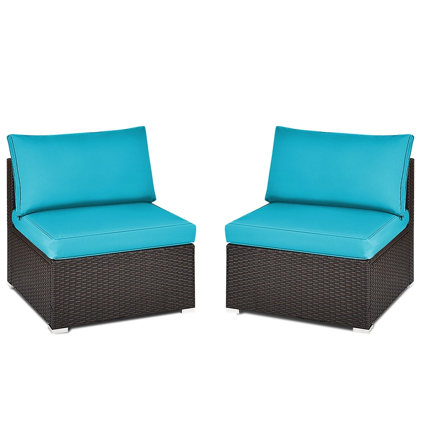 Gymax 2PCS Patio Wicker Rattan Sectional Armless Chair Sofa w/Turquoise Cushion