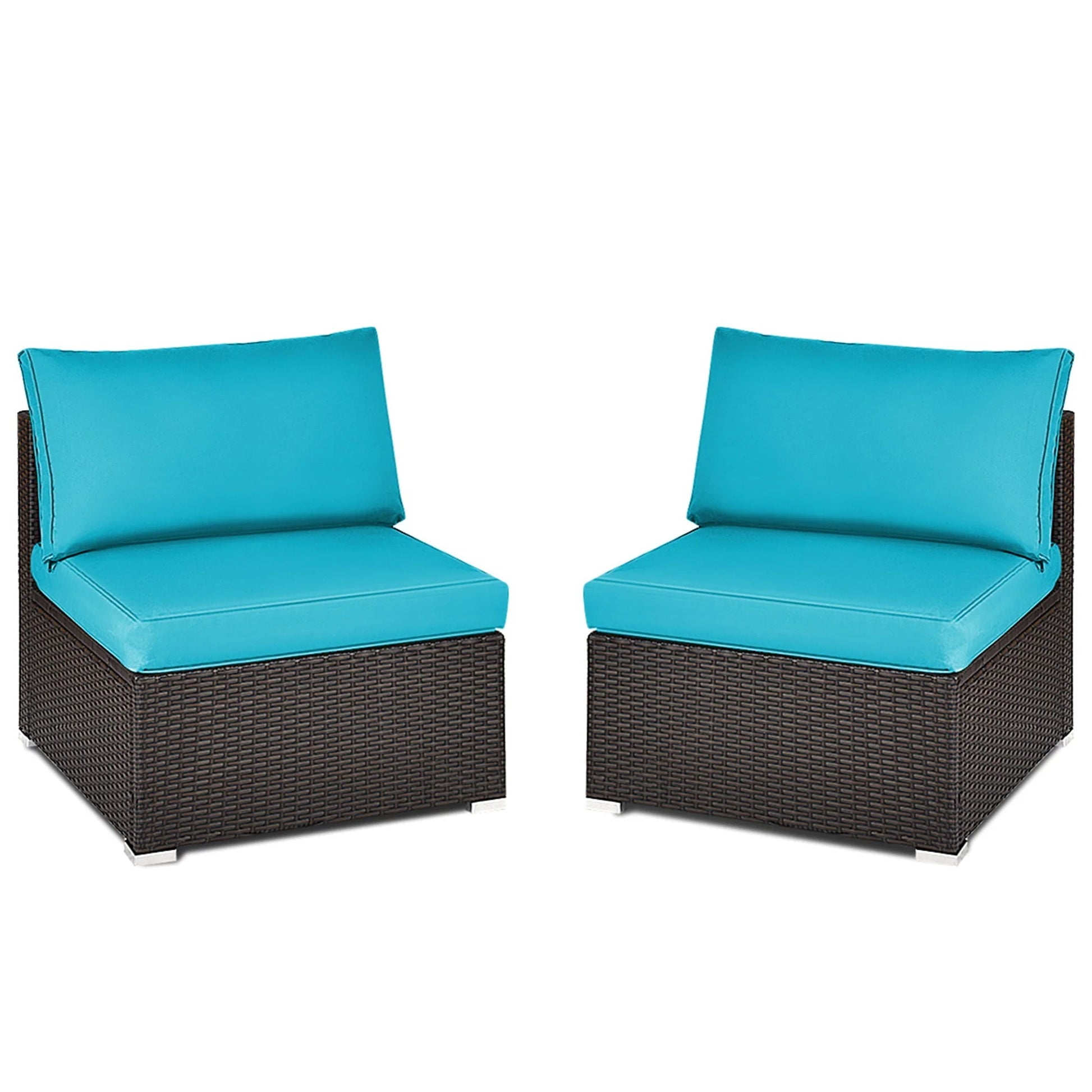 Gymax 2PCS Patio Wicker Rattan Sectional Armless Chair Sofa w/Turquoise Cushion