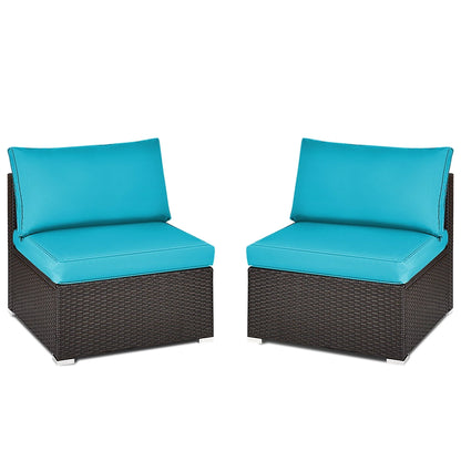 Gymax 2PCS Patio Wicker Rattan Sectional Armless Chair Sofa w/Turquoise Cushion