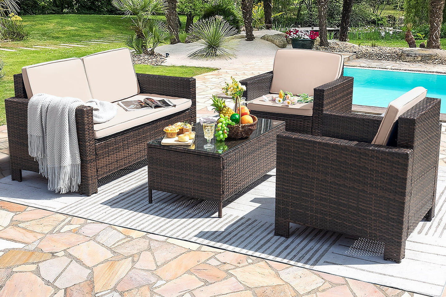 Lacoo 4 Pieces Patio Furniture Sets Rattan Chair Wicker Conversation Sofa Set Outdoor Backyard Porch Garden Poolside Balcony Use Furniture, Beige