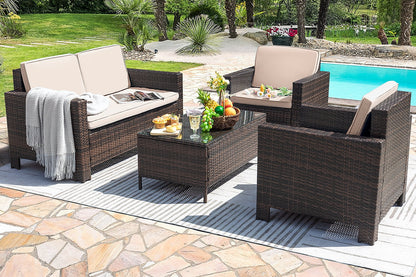 Lacoo 4 Pieces Patio Furniture Sets Rattan Chair Wicker Conversation Sofa Set Outdoor Backyard Porch Garden Poolside Balcony Use Furniture, Beige