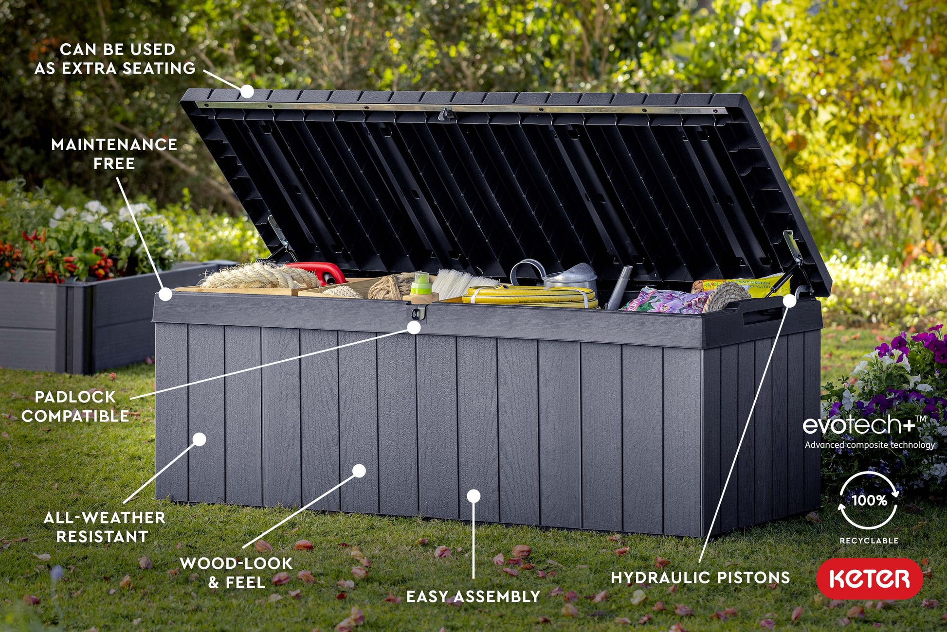 Keter Darwin 100 Gallon Large Resin Deck Box for Patio Outdoor Storage, Grey