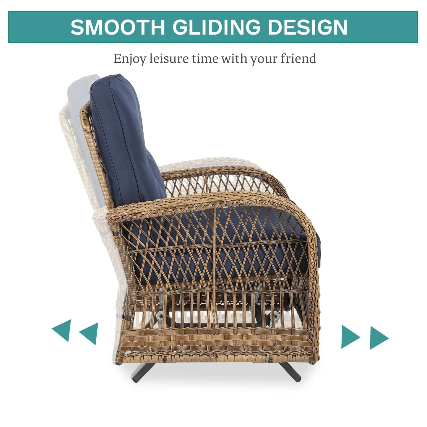 MEETWARM Patio Wicker Rocking Glider Set, All-Weather Outdoor Rattan Patio Rocking Chairs of 2, Patio Conversation Set with Thickened Cushions for Porch Garden & Backyard, Navy Blue