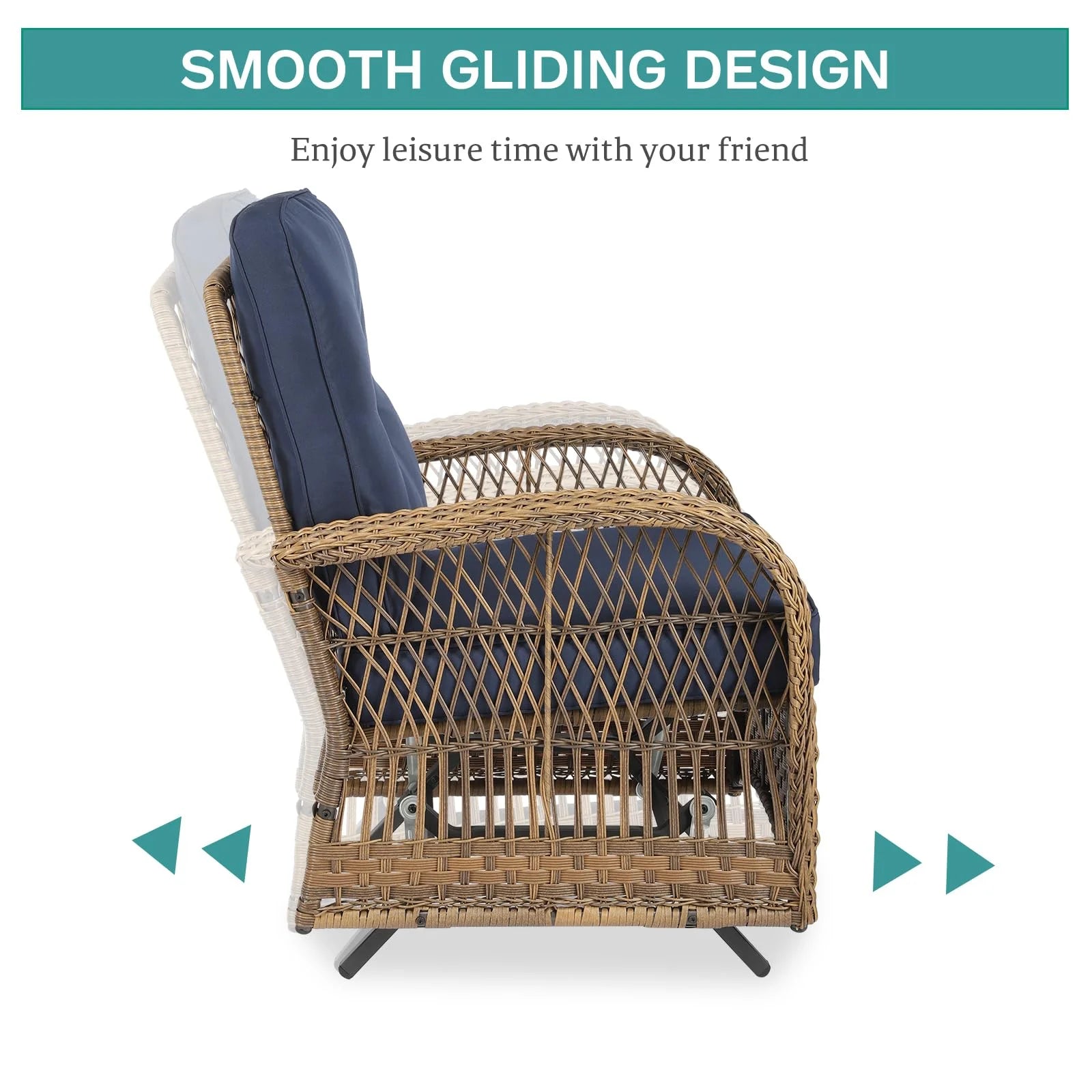 MEETWARM Patio Wicker Rocking Glider Set, All-Weather Outdoor Rattan Patio Rocking Chairs of 2, Patio Conversation Set with Thickened Cushions for Porch Garden & Backyard, Navy Blue