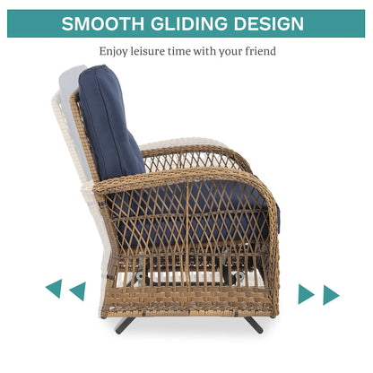 MEETWARM Patio Wicker Rocking Glider Set, All-Weather Outdoor Rattan Patio Rocking Chairs of 2, Patio Conversation Set with Thickened Cushions for Porch Garden & Backyard, Navy Blue