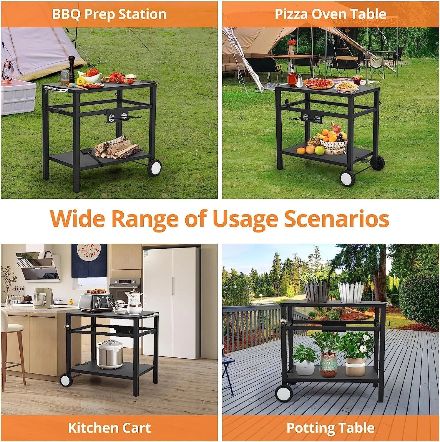 WhizMax Black Grill Cart Pizza Oven Stand, BBQ Prep Table with Wheels & Hooks Outdoor, Side Handle, Double-Shelf Grilling Cart Tabletop Griddle Cooking Station for Bar, Patio, Camping, Home