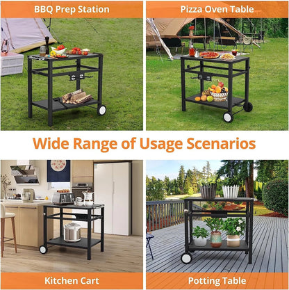 WhizMax Black Grill Cart Pizza Oven Stand, BBQ Prep Table with Wheels & Hooks Outdoor, Side Handle, Double-Shelf Grilling Cart Tabletop Griddle Cooking Station for Bar, Patio, Camping, Home