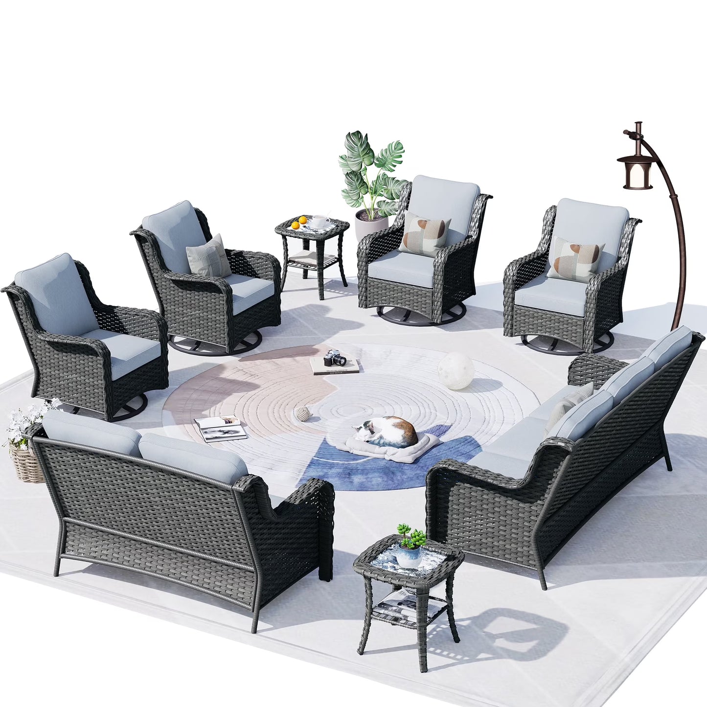 Ovios 8-Piece Wicker Outdoor Sectional Patio Set with Swivel Chairs and Loveseat, Gray
