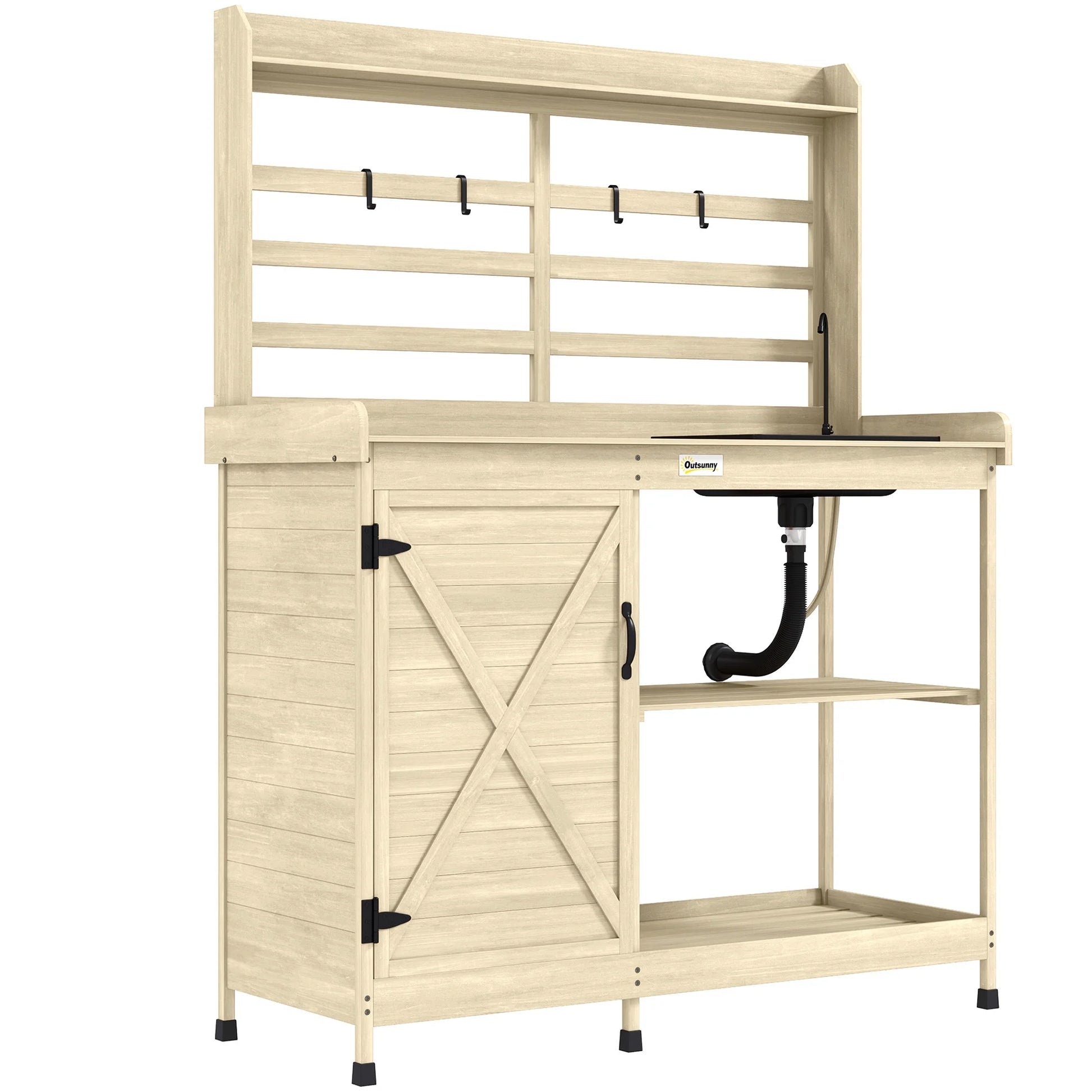 Outsunny Wooden Potting Bench, Outdoor Potting Table with Storage Cabinet, Storage Shelves, Sink, Water Tap for Backyard, Patio, Balcony, Natural