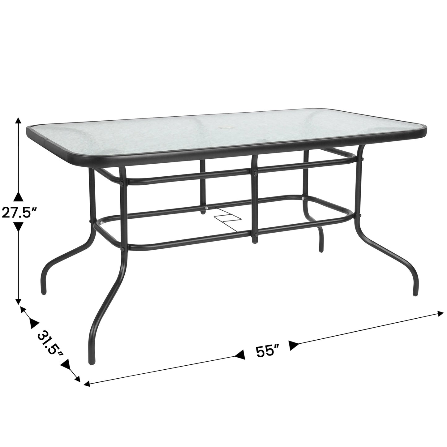 Flash Furniture 7 Piece Outdoor Patio Dining Set - 55" Tempered Glass Patio Table with Umbrella Hole, 6 Navy Flex Comfort Stack Chairs
