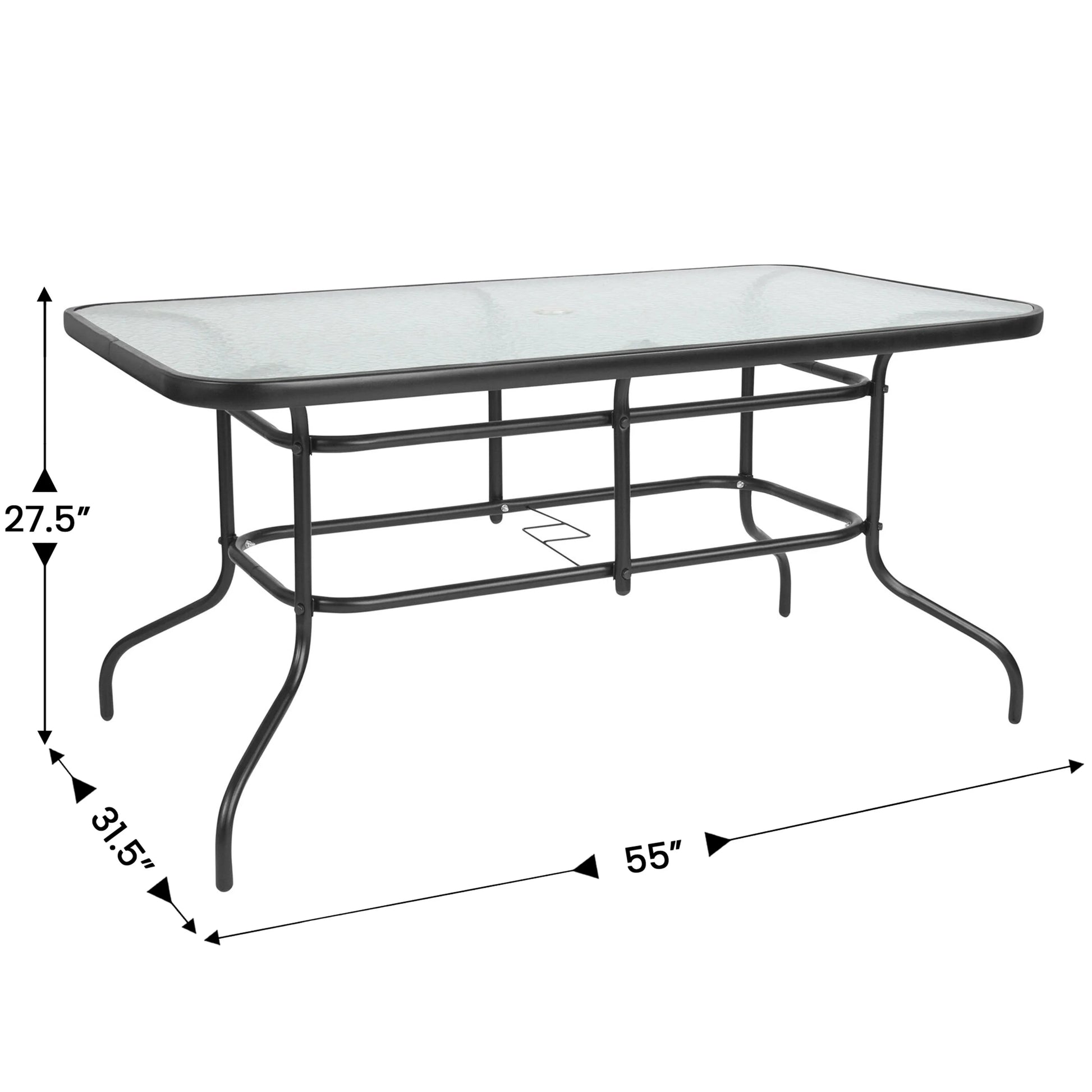 Flash Furniture 7 Piece Outdoor Patio Dining Set - 55" Tempered Glass Patio Table with Umbrella Hole, 6 Navy Flex Comfort Stack Chairs