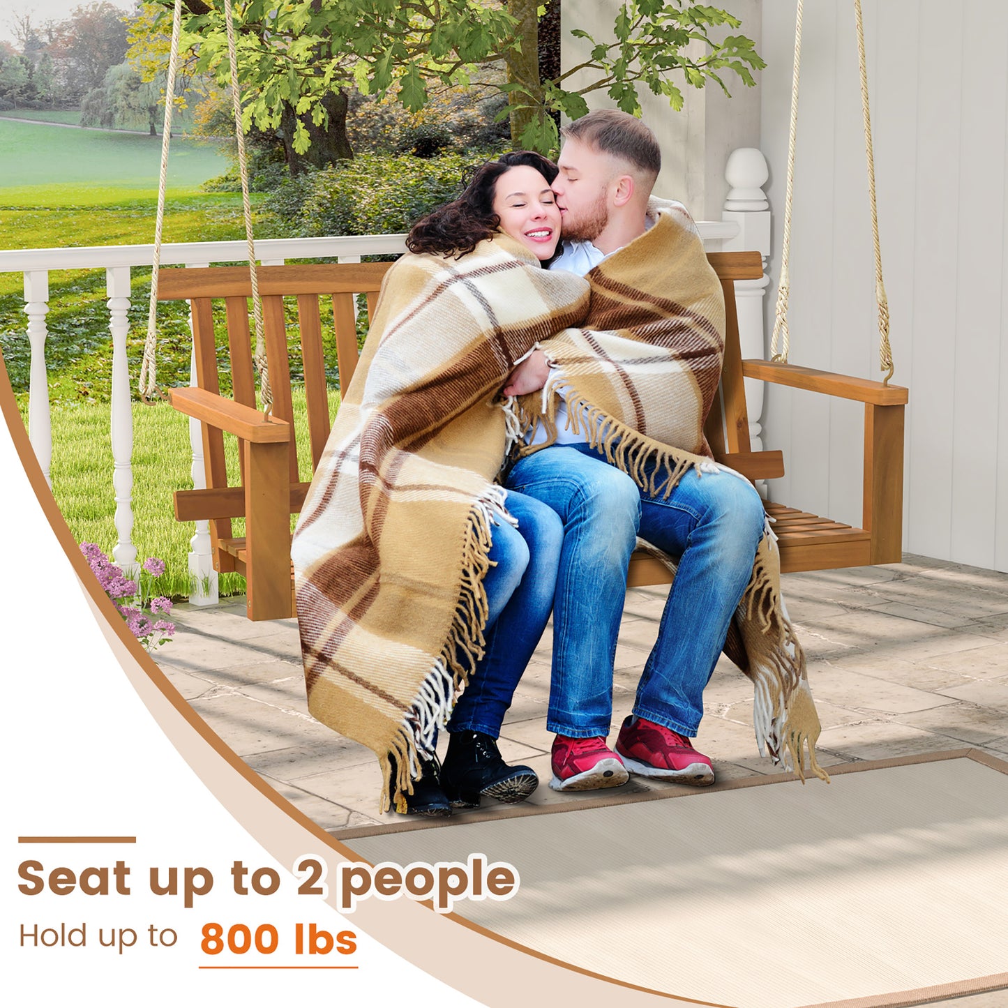 Gymax 2-Person Acacia Wood Outdoor Porch Swing Patio Hanging Bench Chair Natural