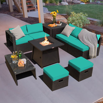 Costway 9PCS Patio Rattan Furniture Set Fire Pit Space-saving W/Cover Red Cushion cover