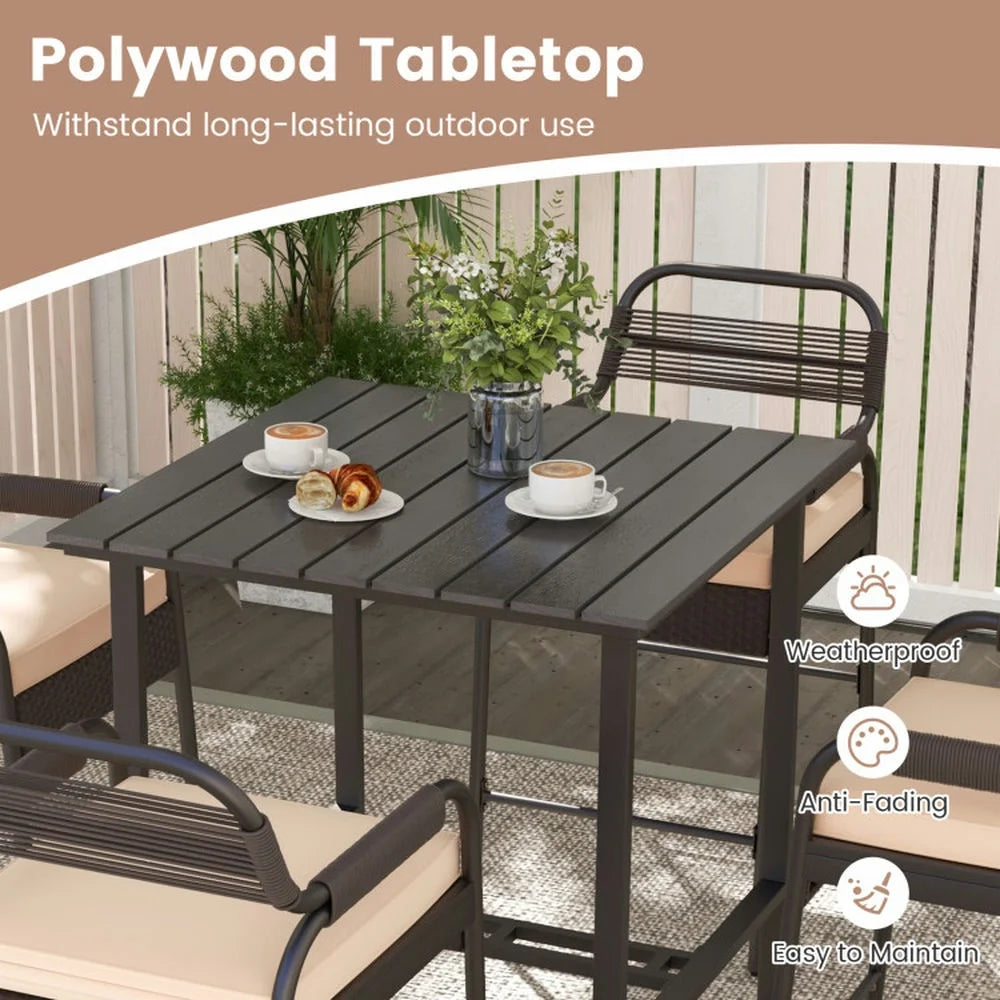 Spaco 5 Piece Rattan Counter Set with 4 Stools and Polywood Bar Table, Outdoor Chairs, Patio Chair, Outdoor Patio Furniture-Brown