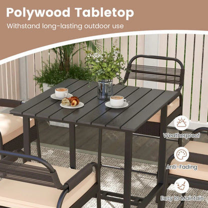 Spaco 5 Piece Rattan Counter Set with 4 Stools and Polywood Bar Table, Outdoor Chairs, Patio Chair, Outdoor Patio Furniture-Brown