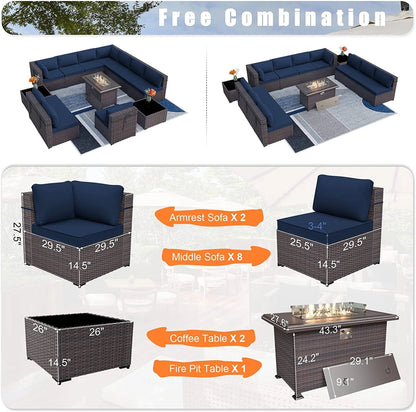 Kullavik Outdoor Patio Furniture Set with Gas Fire Pit Table, 13 Pieces Outdoor Furniture Set Patio Sectional Sofa w/43in Propane Fire Pit, PE Wicker Rattan Patio Conversation Sets,Navy Blue