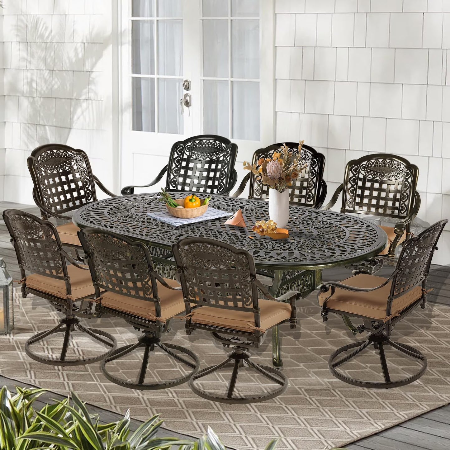 9-Piece Patio Cast Aluminum Dining Set, 8 Person Outdoor Dining Furniture Set, includes 84" Oval Table and 8 Swivel Dining Chairs with Umbrella Hole for Patio Deck Garden, Tan