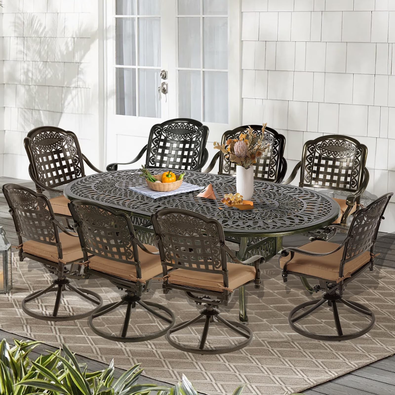 9-Piece Patio Cast Aluminum Dining Set, 8 Person Outdoor Dining Furniture Set, includes 84" Oval Table and 8 Swivel Dining Chairs with Umbrella Hole for Patio Deck Garden, Tan