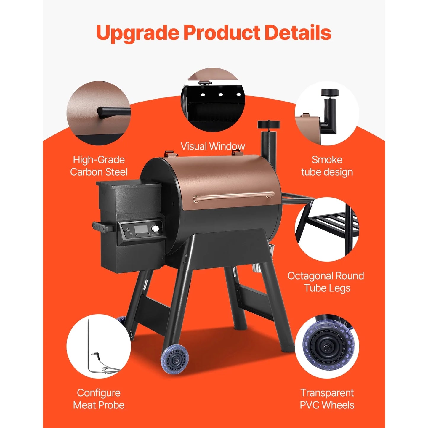 KFFKFF 575 Sq in Wood Fired Pellet Grill and Smoker, BBQ Grills with WiFi-app Management, LCD Display Controller for Outdoor Cooking, Patio and Backyard, Bronze Black