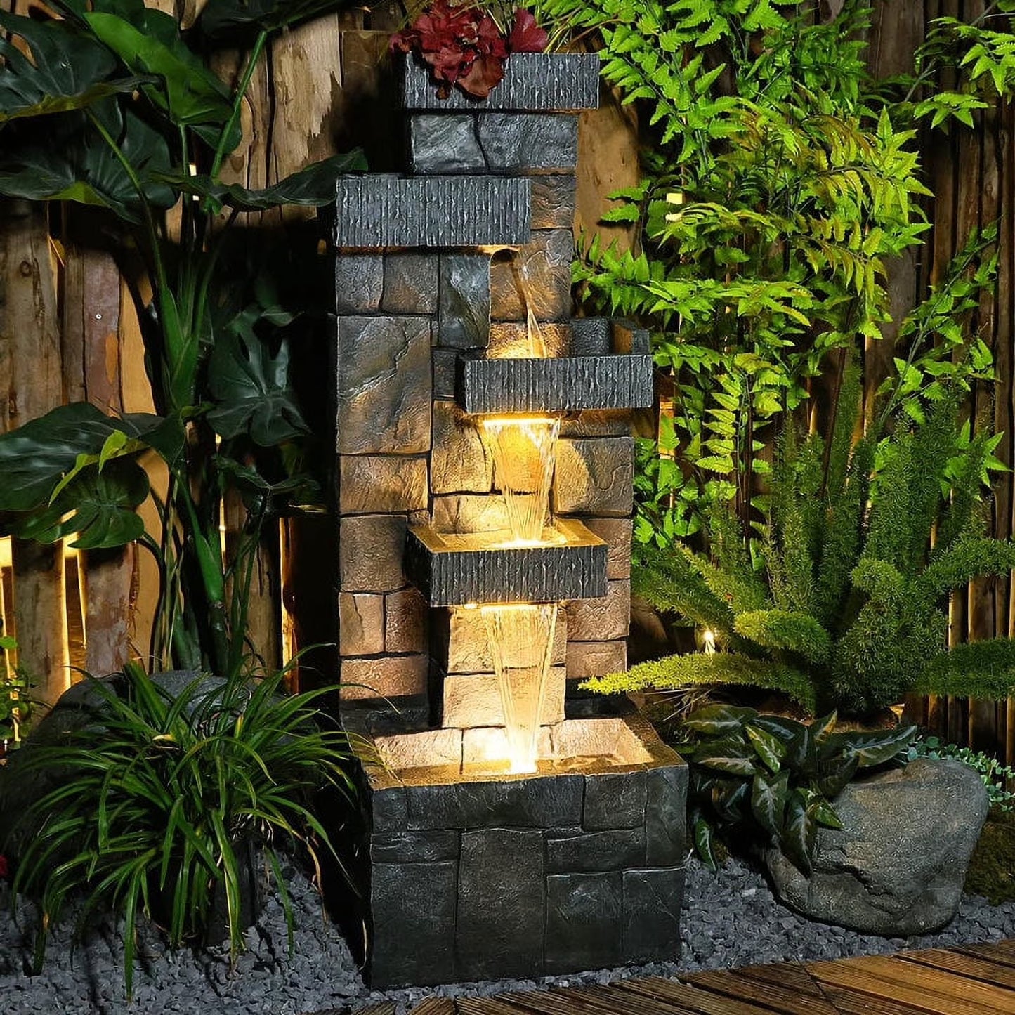 44.5 Inches Modern Fountain 4 Tired Floor Standing Outdoor Fountain with Lights Pump for Garden Patio Backyard Porch Home Art Decor