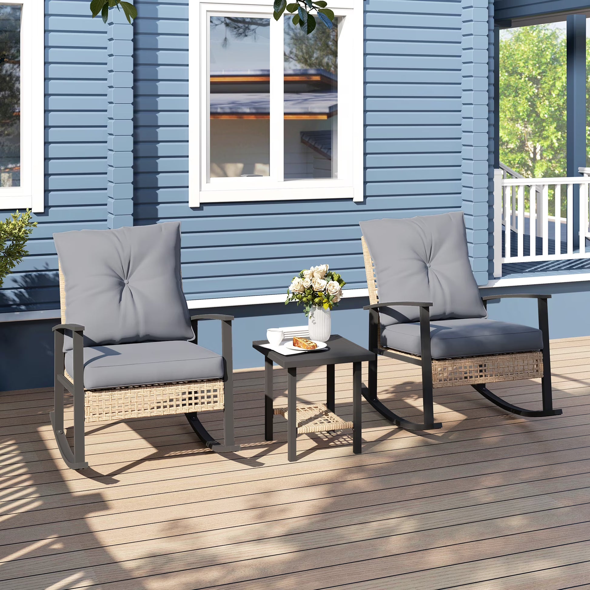 Outsunny 3 Pieces Patio Bistro Set, Wicker Furniture Set with Button Tufted Cushions, Rattan Rocking Chairs and Coffee Table, Dark Blue