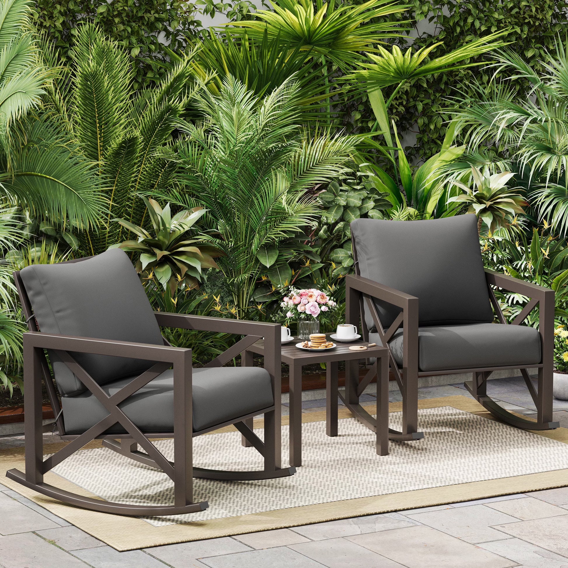 MRUAKA Rocking Chair Bistro Set,3 Piece Outdoor Patio Furniture Set with 2 Rockers and 1 Metal Coffee Table with Thick Cushions for Porch,Backyard,Poolside,Beige