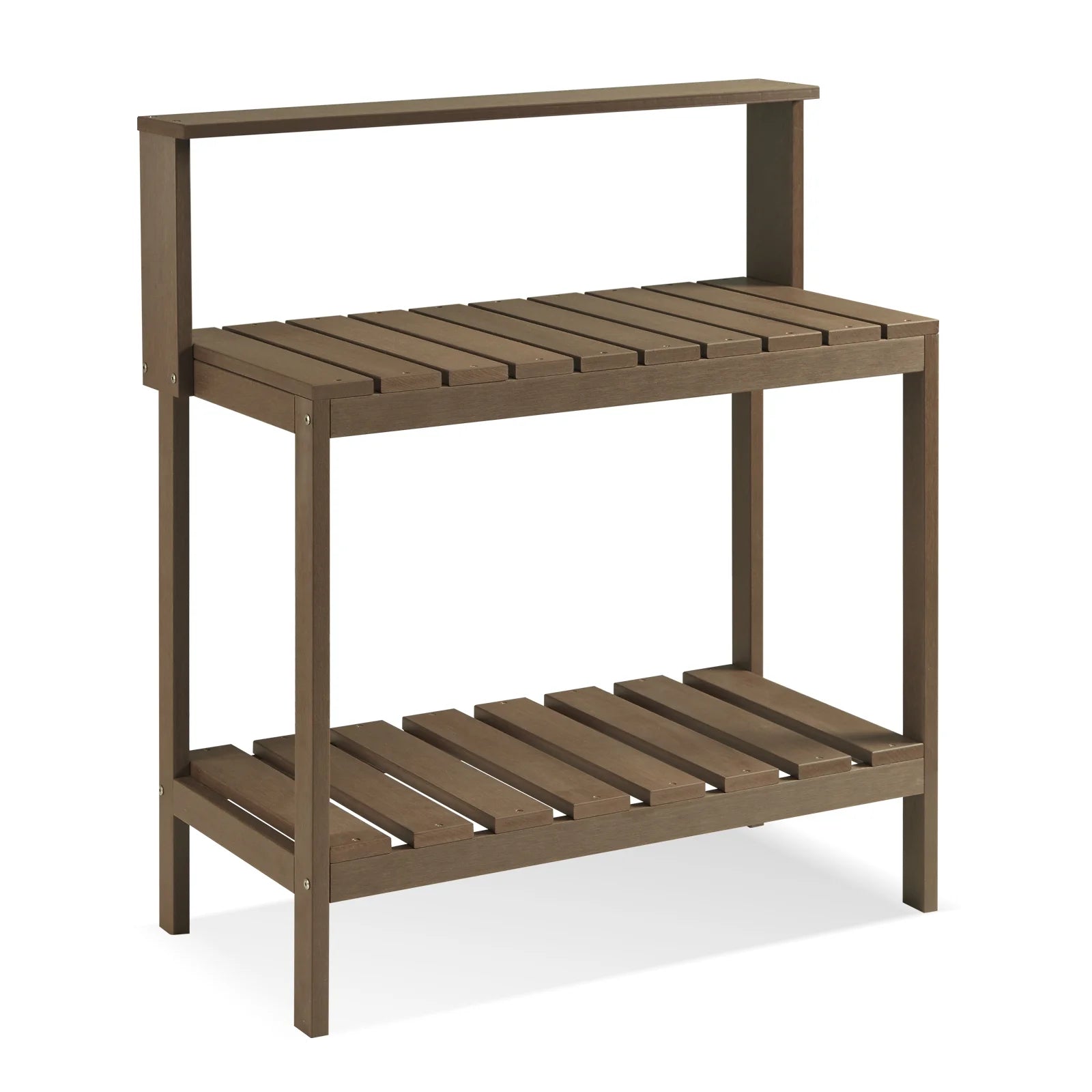 GONICHA Outdoor Poly Lumber Potting Bench, Polystyrene Garden Table with Storage Shelves, All-Weather Patio Work Station for Gardening,Brown