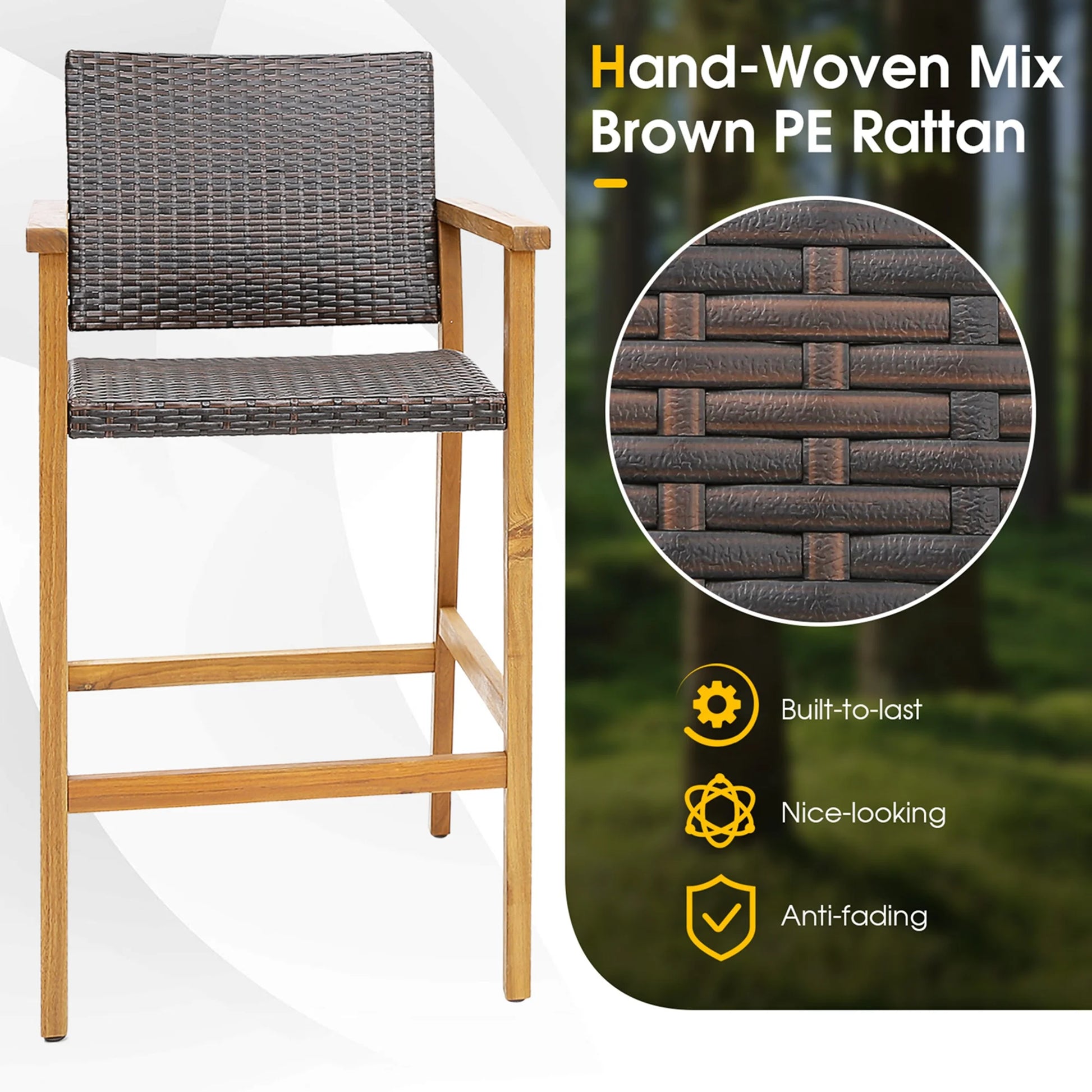 Costway 4PCS Patio PE Wicker Bar Chairs Height Barstools with Acacia Wood Armrests Balcony