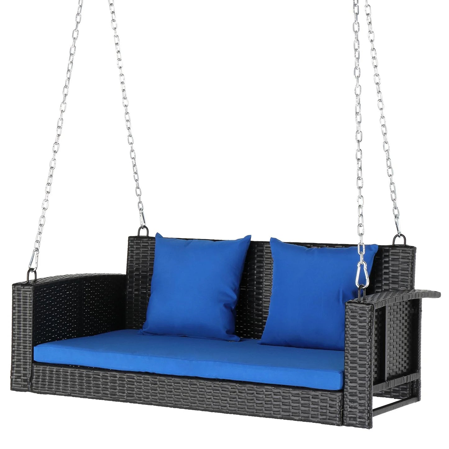 SalonMore Rattan Wicker Swing Hanging Porch Patio Swing 2 Person Seat, Front Porch Haning Swing w/Blue Cushion