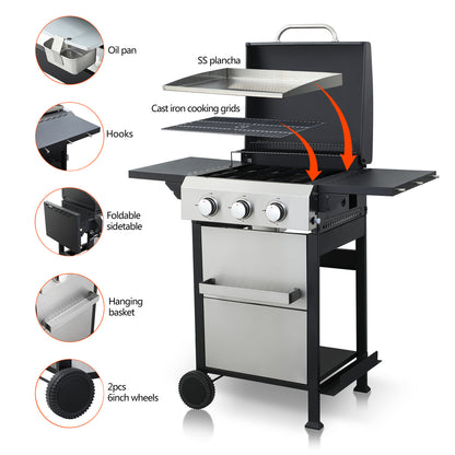HighSound 2-Burner Propane Gas Grill, 24600 BTU Patio Garden Barbecue Grill with Stainless Steel Tray, Wire Enamel Cooking Grids & Foldable Shelves, Black