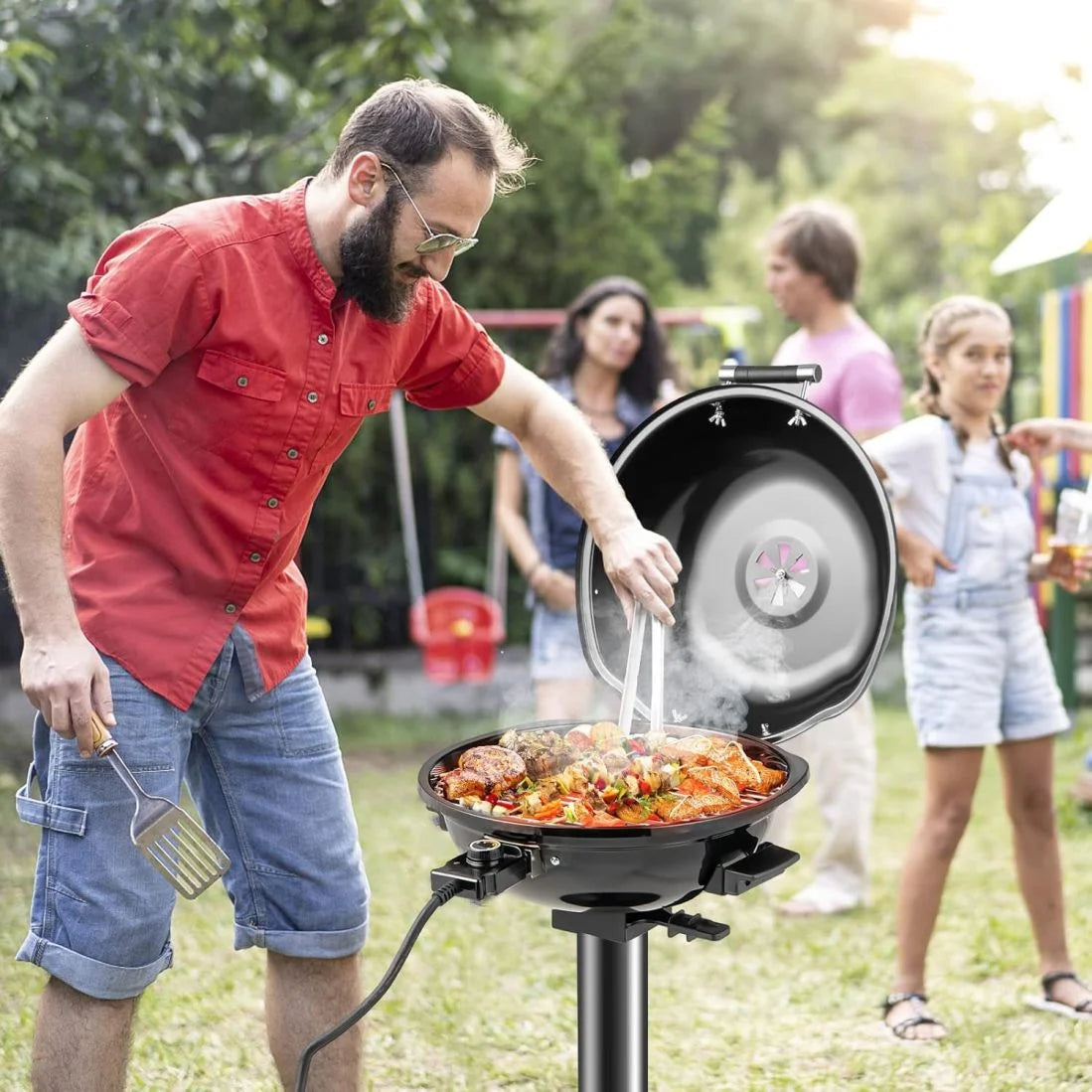 ZZJP 1600W Portable Electric Grill Outdoor BBQ Grill for 15-Serving, Electric Barbecue Grill for Indoor & Outdoor Use, Portable Stand BBQ Grill for Patio Balcony Kitchen Garden (Black)