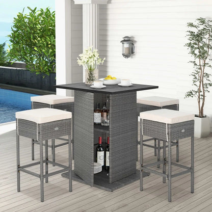 Topcobe 5 Pieces Outdoor Wicker Bar Table Set with Hidden Storage Shelves, Outdoor Patio Furniture for Garden Backyard Pool Deck-White