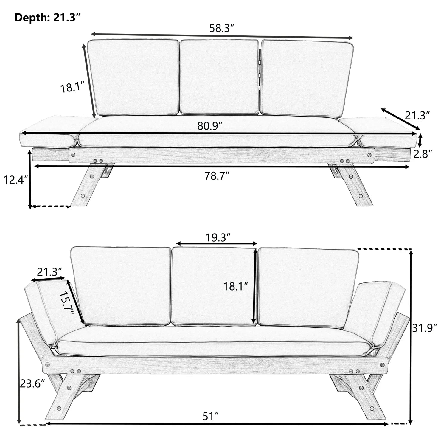 Adjustable Patio Wooden Outdoor Couch with Removable Cushions and Pillow, for Outdoor, Bedroom, Living Room, Study, Balcony,Beige
