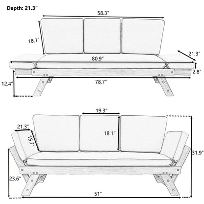 Adjustable Patio Wooden Outdoor Couch with Removable Cushions and Pillow, for Outdoor, Bedroom, Living Room, Study, Balcony,Beige
