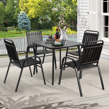Seizeen 7-Piece Outdoor Table and Chairs, Patio Table Set with 6 Rattan Chairs, All-weather Outdoor Patio Dining Sets Rectangular Metal Table with Acacia Wood Top, Umbrella Hole, Gray