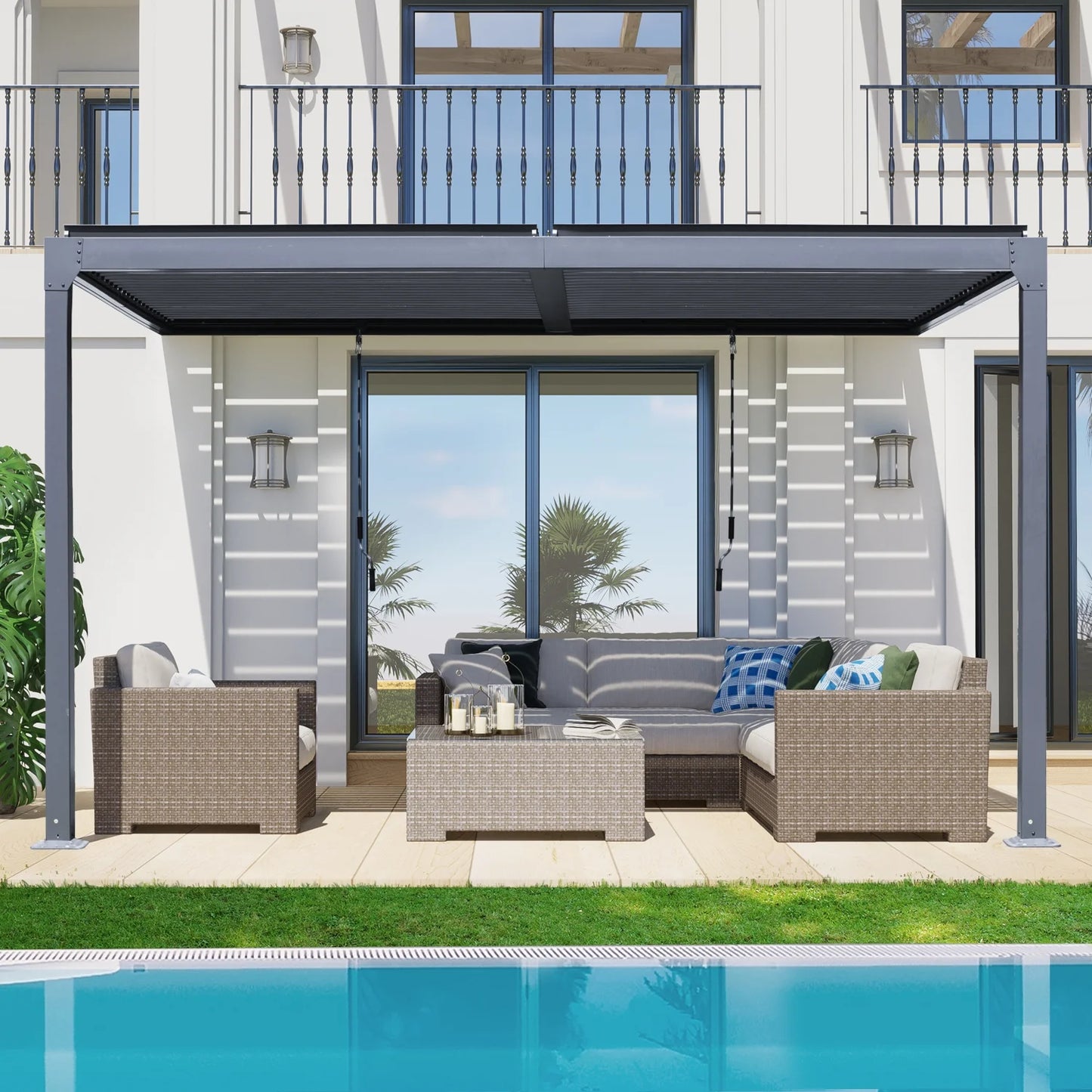 Aoodor 10 Ft. W x 13 Ft. D Outdoor Patio Top Louvered Pergola Adjustable Louvered Sloping Roof Wall-Mounted Pergola for Garden, Backyard