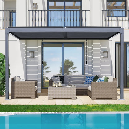 Aoodor 10 Ft. W x 13 Ft. D Outdoor Patio Top Louvered Pergola Adjustable Louvered Sloping Roof Wall-Mounted Pergola for Garden, Backyard