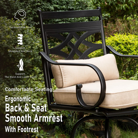 Summit Living Outdoor Swivel Bar Stool Set of 7, 6 Patio Barstool Height Chairs with Seat and Back Cushions & 1 Metal Steel Bar Table with Umbrella Hole, Black & Beige